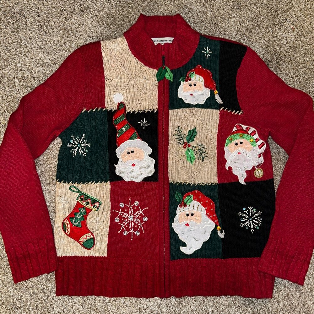 TIARA Int'l Vintage Ugly Christmas Sweater Cardigan Festive S RED SANTA beaded